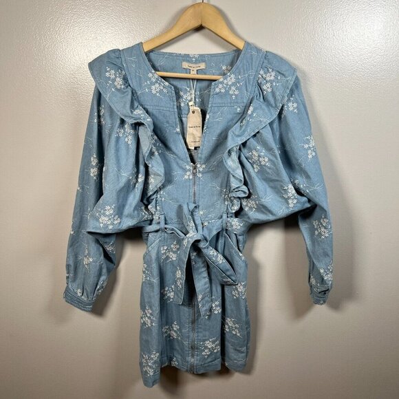 Sweet En Forme Embroidered Ruffle Mini Dress Size XS Denim Floral Feminine - Picture 2 of 12